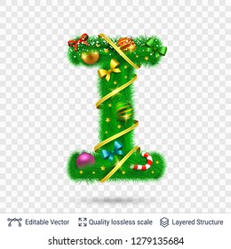 Holiday decorative letter of fir tree with toys. Christmas and New Year holiday alphabet symbol. Vector font element.
