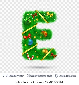 Holiday decorative letter of fir tree with toys. Christmas and New Year holiday alphabet symbol. Vector font element.