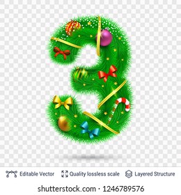 Holiday decorative number of fir tree with toys. Christmas and New Year holiday symbol. Vector font element.