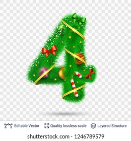 Holiday decorative number of fir tree with toys. Christmas and New Year holiday symbol. Vector font element.