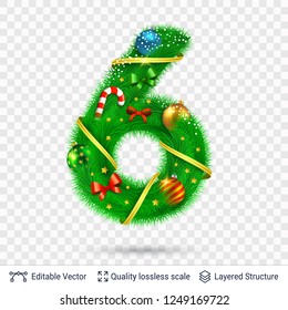 Holiday decorative number of fir tree with toys. Christmas and New Year holiday symbol. Vector font element.