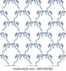 Holiday decorative seamless pattern of coquette blue bows with cute small flowers. Trendy ribbons background. Vintage bowknots backdrop for greeting cards, fabric, wallpaper, wrapping paper