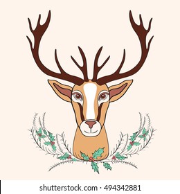 Holiday deer graphic hand drawn vector cartoon doodle illustration with bouquet holly, wild animal with curved horns isolated mascot head, Character design for greeting card, logo icon, baby shower