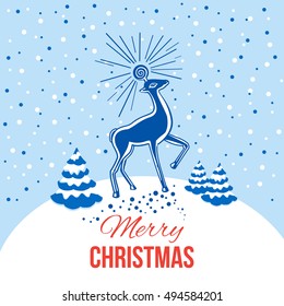 Holiday deer hand drawn vector cartoon illustration isolated on white snow background among Christmas trees, wild animal with decorative sunny horns, symbol of New Year, Character design for postcard