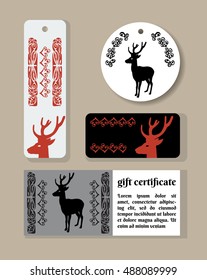 Holiday deer labels and tags set. Vector gift certificate. Retro vintage coupons. 