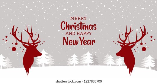 Holiday deer, Merry Christmas and New Year typographical on background with winter landscape with snowflakes,  stars.Christmas card. Vector Illustration