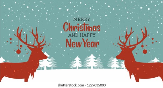 Holiday deer, Merry Christmas and New Year typographical on background with winter landscape with snowflakes,  stars.Christmas card. Vector Illustration.