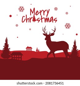 Holiday deer, Merry Christmas and New Year typographical on background with winter landscape with snowflakes, light, stars. Xmas card. Vector Illustration