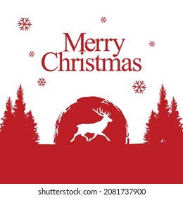 Holiday deer, Merry Christmas and New Year typographical on background with winter landscape with snowflakes, light, stars. Xmas card. Vector Illustration