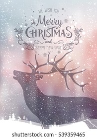 Holiday deer, Merry Christmas and New Year typographical on background with winter landscape with snowflakes, light, stars. Xmas card. Vector Illustration