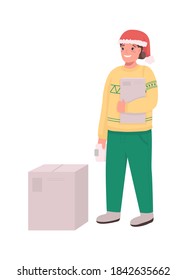 Holiday delivery courier flat color vector character. Post office worker. Christmas package. Festive season express shipment isolated cartoon illustration for web graphic design and animation