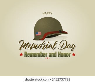 Holiday design, background with 3D and handwriting texts, army helmet and national flag colors for Memorial day event celebration; Vector illustration