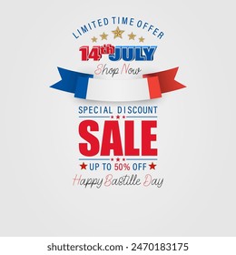 Holiday design, background with 3D and handwriting texts and national flag colors for Bastille day, sales and commercial events; Vector illustration.