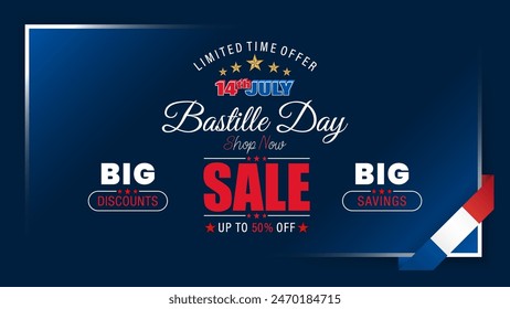 Holiday design, background with 3D and handwriting texts and national flag colors for Bastille day, sales and commercial events; Vector illustration.