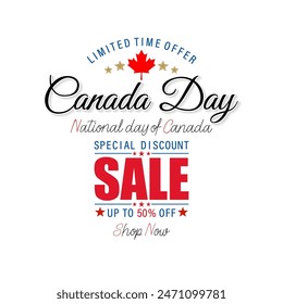 Holiday design, background with 3D and handwriting texts, maple leaf and national flag colors for Canada National day, sales and commercial events; Vector illustration.