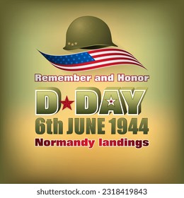 Holiday design, background with 3d texts, army helmet and national flag colors for D-Day American event, celebration; Vector illustration
