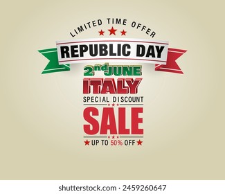Holiday design, background with 3D texts and national flag colors for second of June, Republic day holiday, sales and commercial events in Italy. Vector illustration