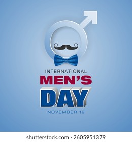Holiday design, background with 3D texts, men symbol and bow tie for International Men's day celebration; Vector illustration.