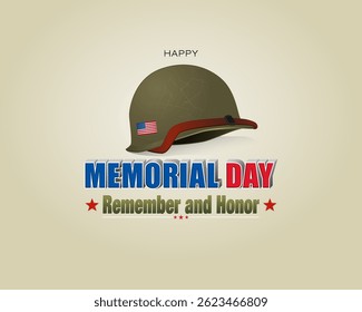 Diseño de Festiva, fondo con textos 3D y casco del ejército y colores de la bandera nacional para la celebración del evento del Día de los Caídos; Ilustración vectorial.
