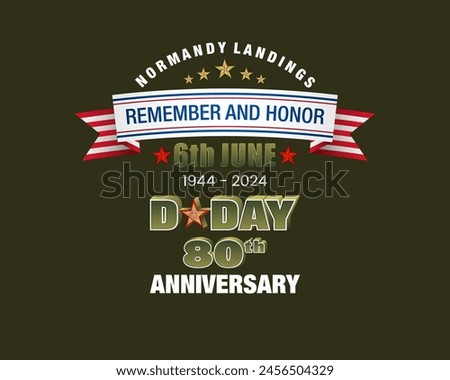 Holiday design, background with 3d texts and national flag colors for D-Day American event, 80th anniversary celebration; Vector illustration