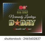 Holiday design, background with handwriting and 3d texts and national flag colors for D-Day American event, 80th anniversary celebration; Vector illustration.