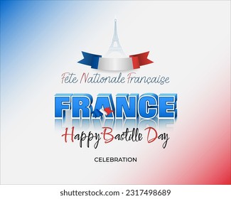 Diseño de vacaciones, fondo con escritura a mano y textos en 3d, colores de bandera nacional y forma de torre Eiffel para el 14 de julio, Día de la Bastilla, fiesta nacional de Francia, celebración