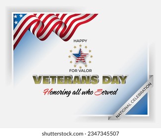 Holiday design, background with handwriting, 3d  texts, military medal and national flag colors for U.S. Veterans day event, celebration; Vector illustration