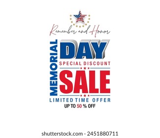 Holiday design, background with handwriting and 3D texts, and national flag colors for U.S. Memorial day, sales, commercial event; Vector illustration