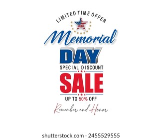 Holiday design, background with handwriting and 3D texts and national flag colors for U.S. Memorial day, sales, commercial event; Vector illustration