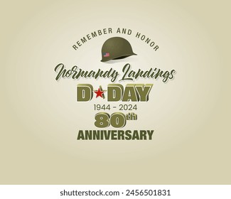 Holiday design, background with handwriting and 3d texts, army helmet and national flag colors for D-Day American event, 80th anniversary celebration; Vector illustration