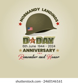 Holiday design, background with handwriting and 3d texts, army helmet and national flag colors for D-Day American event, 80th anniversary celebration; Vector illustration