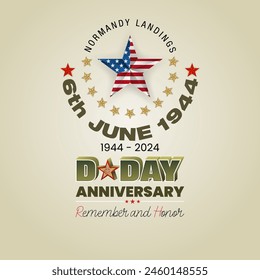 Holiday design, background with handwriting and 3d texts and national flag colors for D-Day American event, 80th anniversary celebration; Vector illustration