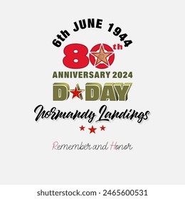 Holiday design, background with handwriting and 3d texts and national flag colors for D-Day American event, 80th anniversary celebration; Vector illustration.