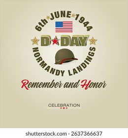 Holiday design, background with handwriting, 3D texts, army helmet and national flag colors for D-Day American event celebration; Vector illustration.