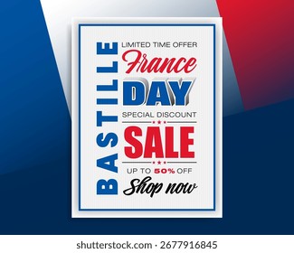Holiday design, background with handwriting and 3D texts and national flag colors for Bastille day celebration, sales and commercial events; Vector illustration.