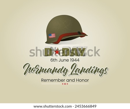 Holiday design, background with handwriting and 3d texts, army helmet and national flag colors for D-Day American event, 80th anniversary celebration; Vector illustration