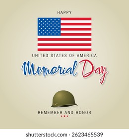 Holiday design, background with handwriting and army helmet and national flag colors for Memorial day event celebration; Vector illustration.