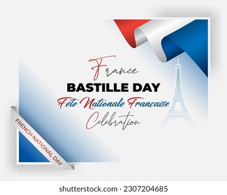 Diseño de vacaciones, fondo con escritura a mano, forma de torre Eiffel y colores de la bandera nacional para el Día de la Bastilla, fiesta nacional francesa, celebración.