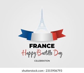 Diseño de vacaciones, fondo con escritura a mano, forma de torre Eiffel y colores de la bandera nacional para el Día de la Bastilla, fiesta nacional francesa, celebración. Ilustración del vector