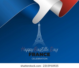 Diseño de vacaciones, fondo con escritura a mano, forma de torre Eiffel y colores de la bandera nacional para el Día de la Bastilla, fiesta nacional francesa, celebración. Ilustración del vector