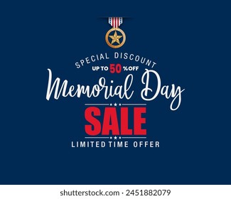 Holiday design, background with handwriting text and national flag colors for U.S. Memorial day, sales, commercial event; Vector illustration