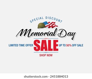 Holiday design, background with handwriting text, army helmet and national flag colors for U.S. Memorial day, sales, commercial event; Vector illustration