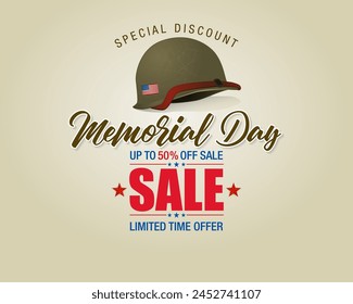 Holiday design, background with handwriting text, army helmet and national flag colors for U.S. Memorial day, sales, commercial event; Vector illustration