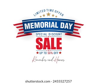 Holiday design, background with handwriting text and national flag colors for U.S. Memorial day, sales, commercial event; Vector illustration