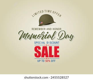 Holiday design, background with handwriting text, army helmet and national flag colors for U.S. Memorial day, sales, commercial event; Vector illustration