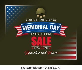 Holiday design, background with handwriting text, army helmet and national flag colors for U.S. Memorial day, sales, commercial event; Vector illustration