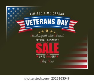 Holiday design, background with handwriting text and national flag colors for U.S. Veterans day event, sales and comercial events; Vector illustration.