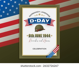 Holiday design, background with handwriting text, army helmet and national flag colors for D-Day American event celebration; Vector illustration.