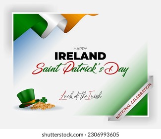 Holiday design, background with handwriting texts, green hat with orange ribbon and golden coins for St. Patrick's day celebration.