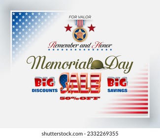 Holiday design, background with handwriting texts, army helmet, and national flag colors for U.S. Memorial day, sales, commercial event; Vector illustration